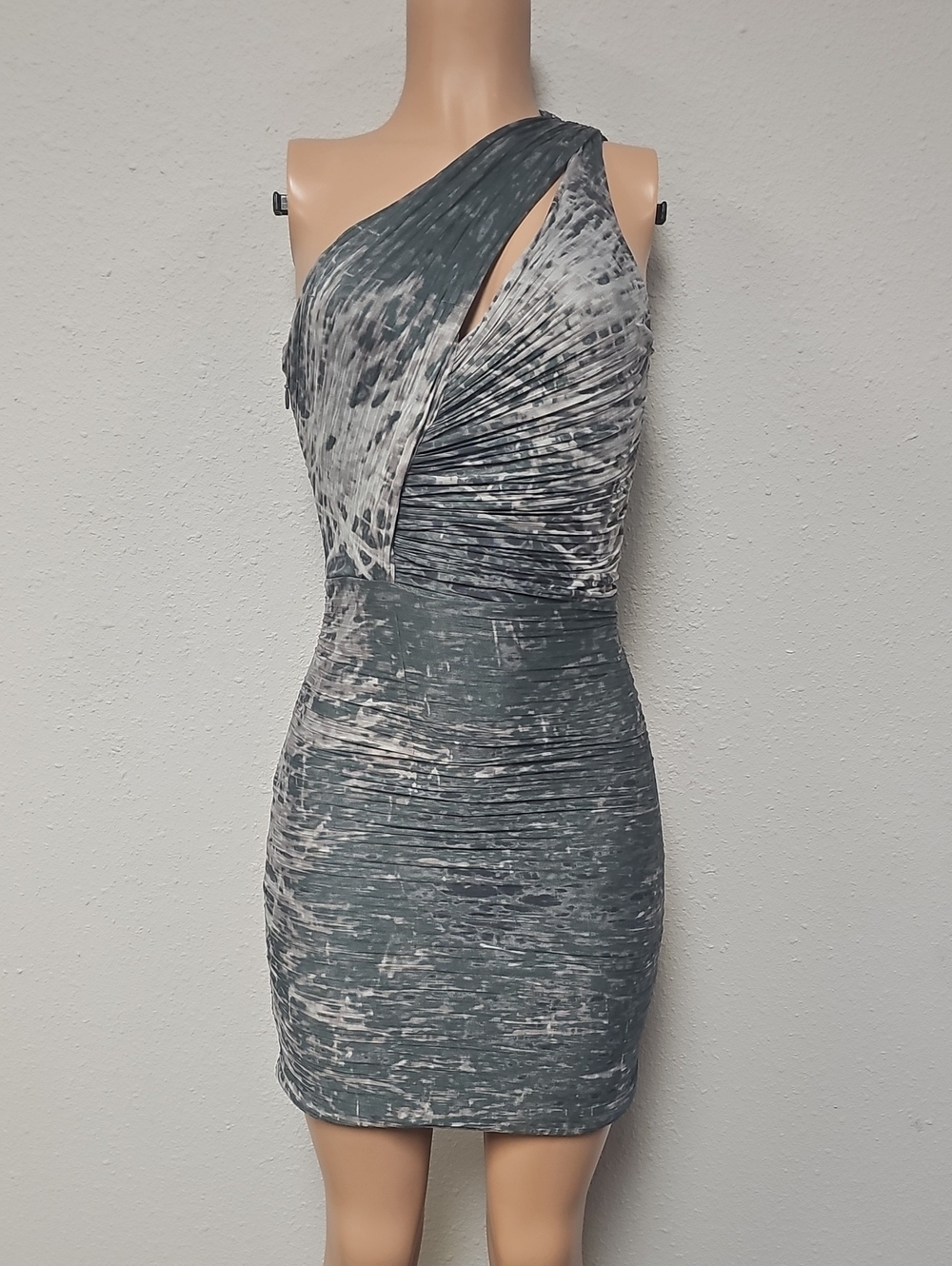 Halston Heritage One-Shoulder Ruched Grey Marble-Print Mini Dress